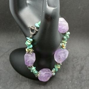 vintage amethyst turquoise chip beaded stretch toggle bracelet